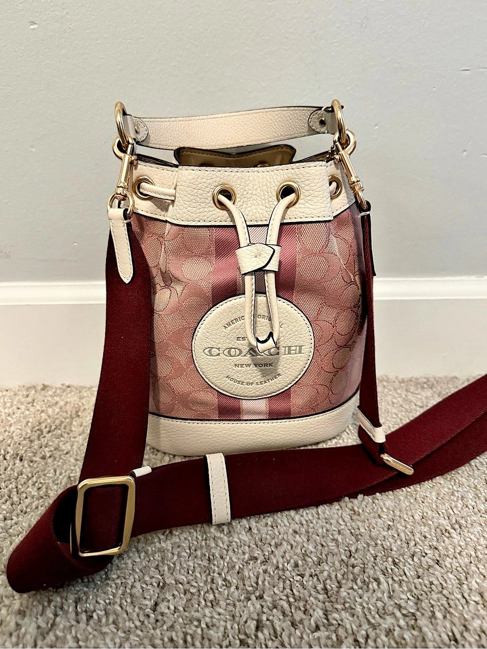 Coach Dempsey Bucket Bag in Signature Jacquard with Stripe